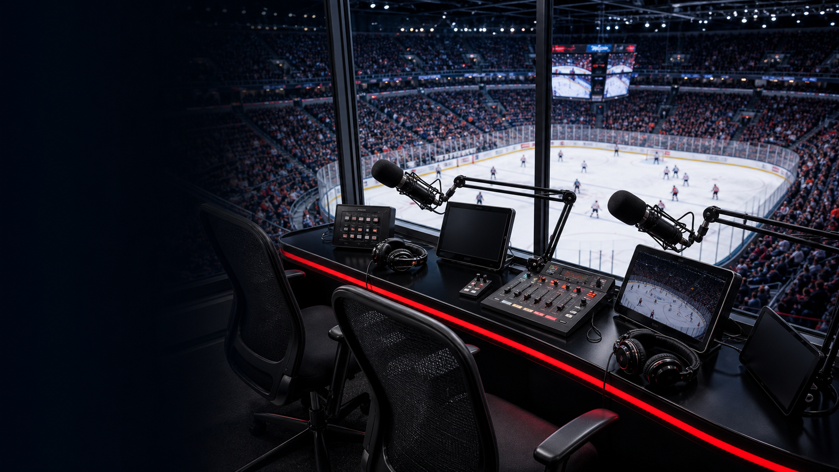 Broadcast booth overlooking a hockey game