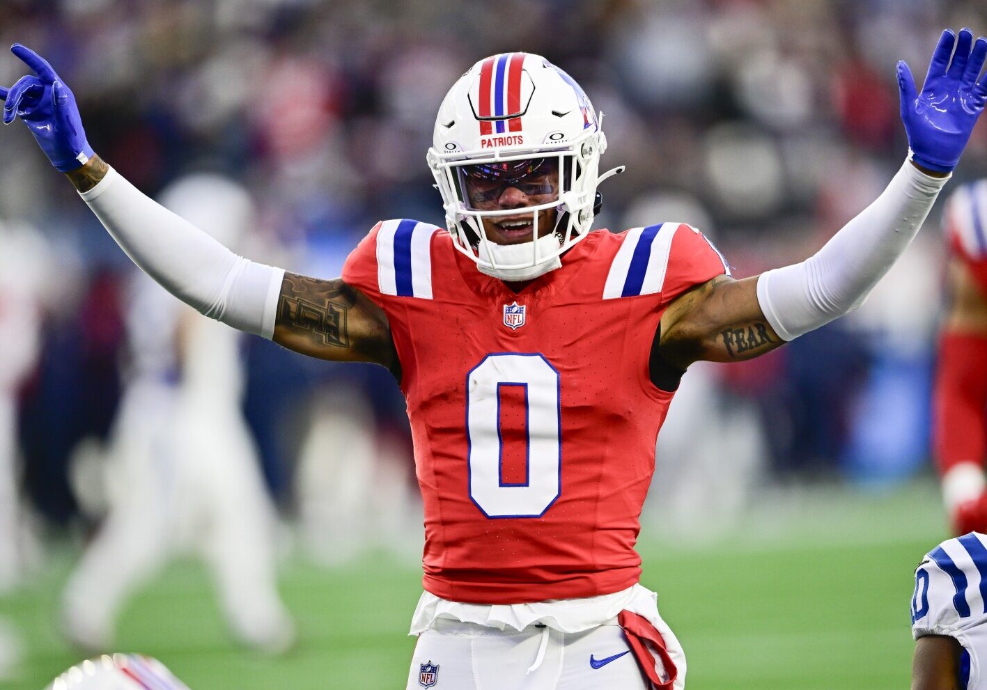 FOXBOROUGH, MASSACHUSETTS - DECEMBER 01: Christian Gonzalez #0 of the New England Patriots reacts after a pass break up in the fourth quarter of a game against the Indianapolis Colts at Gillette Stadium on December 01, 2024 in Foxborough, Massachusetts. (Photo by Jaiden Tripi/Getty Images)