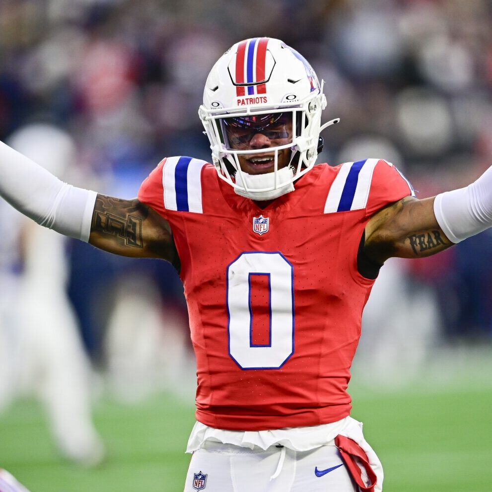 FOXBOROUGH, MASSACHUSETTS - DECEMBER 01: Christian Gonzalez #0 of the New England Patriots reacts after a pass break up in the fourth quarter of a game against the Indianapolis Colts at Gillette Stadium on December 01, 2024 in Foxborough, Massachusetts. (Photo by Jaiden Tripi/Getty Images)